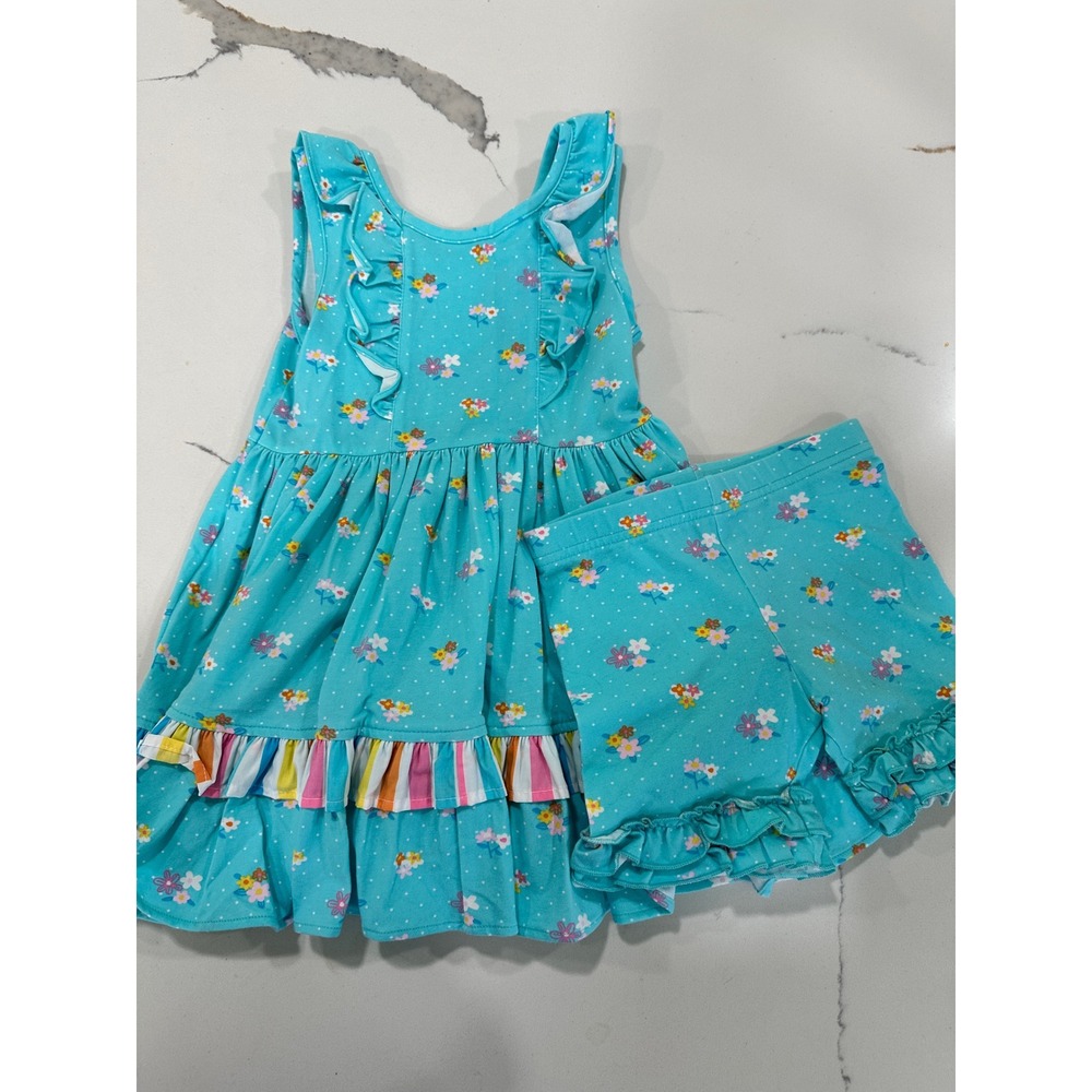 Eleanor Rose Girls Turquoise Floral Ruffle Dress and Shorts Set Size 3-4